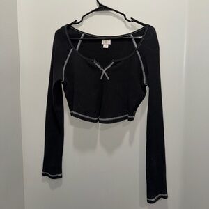 BDG Black Long Sleeve Crop Top with White Stitching